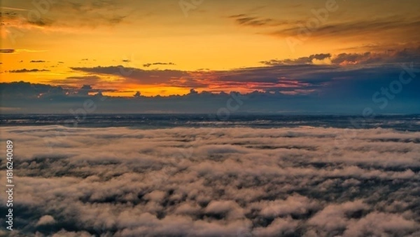 Fototapeta A high-altitude aerial photograph capturing a sunrise above a vast forest with golden morning mist drifting through the treetops
