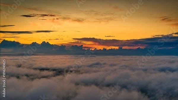 Fototapeta A high-altitude aerial photograph capturing a sunrise above a vast forest with golden morning mist drifting through the treetops
