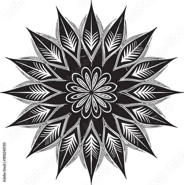 Fototapeta Radial Mandala Silhouette with Petal and Leaf Motifs – Symmetrical Black and White Vector Design