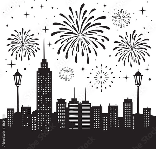 Obraz Festive City Skyline Silhouette with Fireworks and Stars at Night