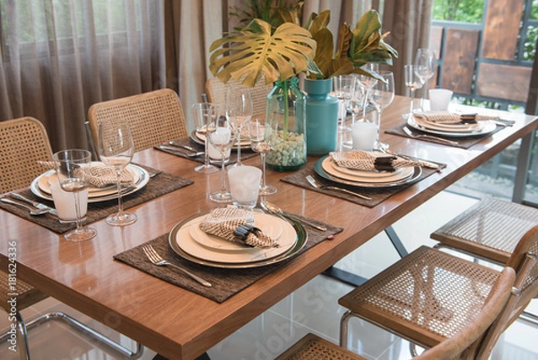 Fototapeta luxury table set on wooden dining table