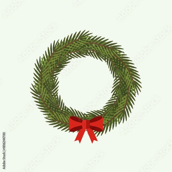 Fototapeta Simple and elegant Christmas pine wreath with a red ribbon bow. A flat vector icon perfect for winter holiday and seasonal designs