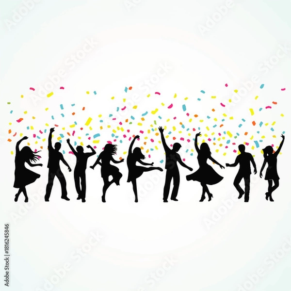 Fototapeta Group of diverse people dancing and celebrating with confetti falling down