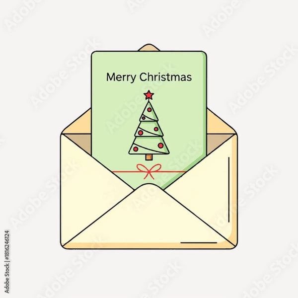 Fototapeta Flat vector illustration of an open envelope revealing a festive Merry Christmas card with a decorated Christmas tree. Ideal for holiday season greetings and joyful messages