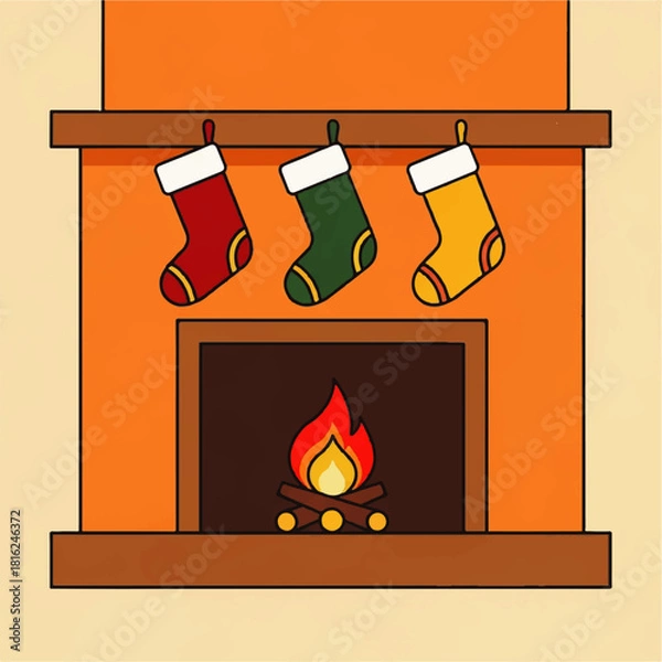 Fototapeta Flat vector icon of a fireplace with stockings hanging above the mantelpiece, depicting a warm and cozy scene with a crackling fire