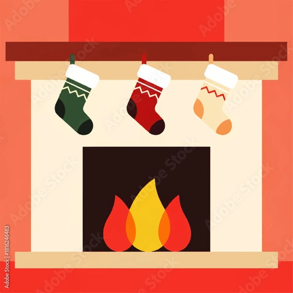 Fototapeta Flat vector icon of a festive fireplace with Christmas stockings hanging above a warm, glowing fire, perfect for holiday decorations and winter themes