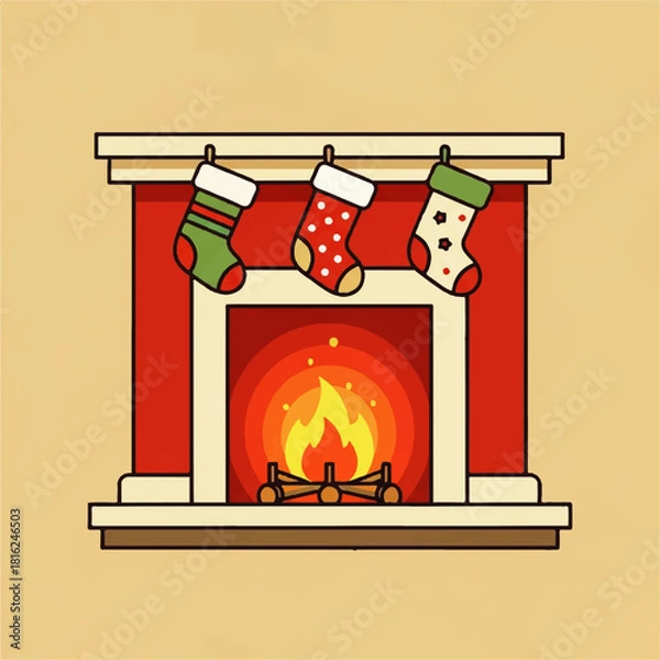 Fototapeta Charming flat vector illustration of a traditional red brick fireplace adorned with colorful Christmas stockings, emanating warmth and holiday spirit