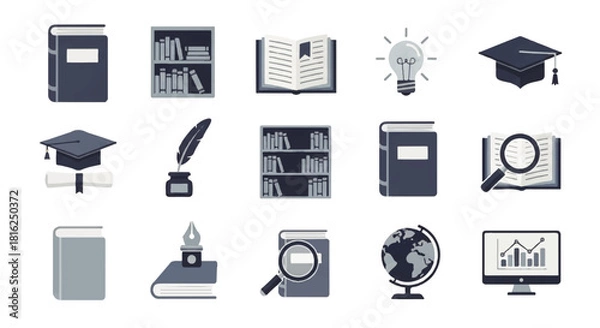 Fototapeta A versatile collection of clean, flat design icons representing essential educational themes, academic pursuits, and knowledge acquisition, ideal for learning-focused digital projects and infographics