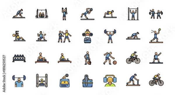 Fototapeta Advanced 2D flat design vector icon set of gym workouts, sports activities, and fitness equipment for web and mobile graphics
