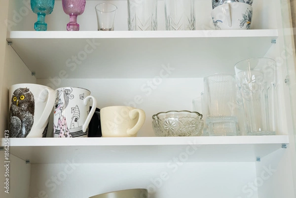 Obraz Neatly arranged kitchen shelf with mugs and glassware, giving a fresh and tidy everyday home vibe.