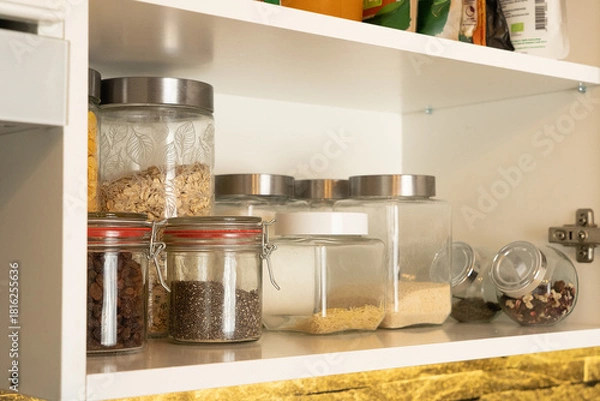 Obraz Neat pantry cabinet with glass jars of grains and seeds, adding warmth and order to a home kitchen.