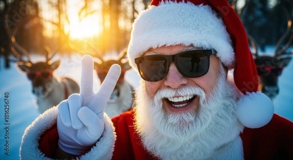 Fototapeta Santa Claus posing with reindeer in snowy landscape at sunset. Santa gives the Victory sign 