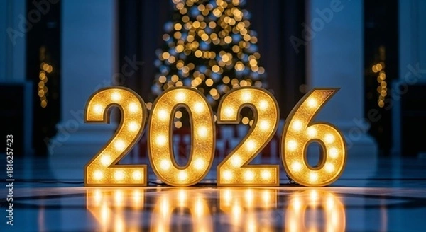 Fototapeta Lighted numbers 2026 in front of a decorated Christmas tree on a blue background  