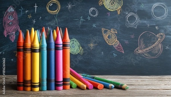 Obraz Colorful crayons and pencils against a chalkboard background with space-themed drawings