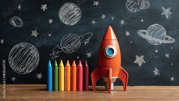 Obraz Colorful crayons and a rocket ship on a chalkboard-themed desk