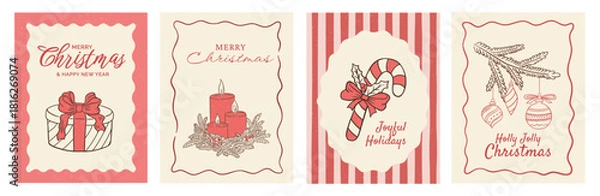Fototapeta Set of Hand draw Merry Christmas postcard with decorated Xmas tree, gift and candles with festive wreath. Joyful holidays candy cane greeting card. Vector illustration