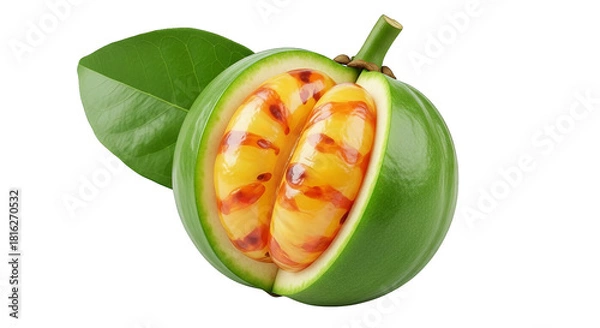 Fototapeta Striking digital render of a halved, vibrant green fruit with its inner, orange segments revealed.