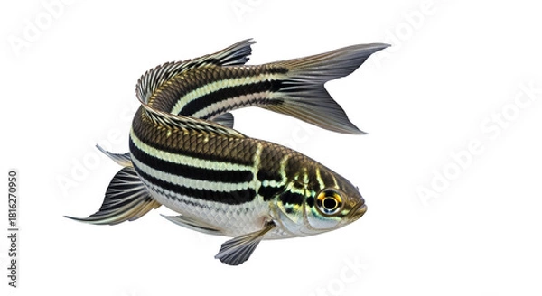 Fototapeta Striped fish gracefully curves, exhibiting its sleek, patterned body against a dark backdrop.