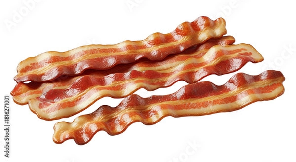 Fototapeta Three slices of crispy bacon with rendered fat gleam on a black backdrop, simple food shot.