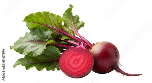 Fototapeta Two beets, one halved, show rich red color and vibrant green leaves against a black background.