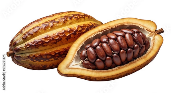 Fototapeta Two cacao pods, one whole with a textured brown and yellow shell, and one cut open to reveal seeds.
