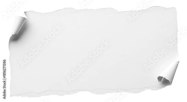 Fototapeta Torn white paper sheet with curled edges isolated against a dark background for announcements.