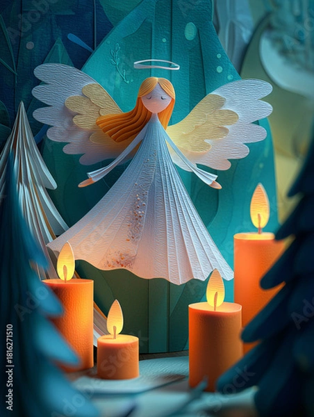 Fototapeta Paper angel figure with delicate wings stands among glowing candles, surrounded by stylized trees, creating a serene and festive atmosphere for holiday celebrations
