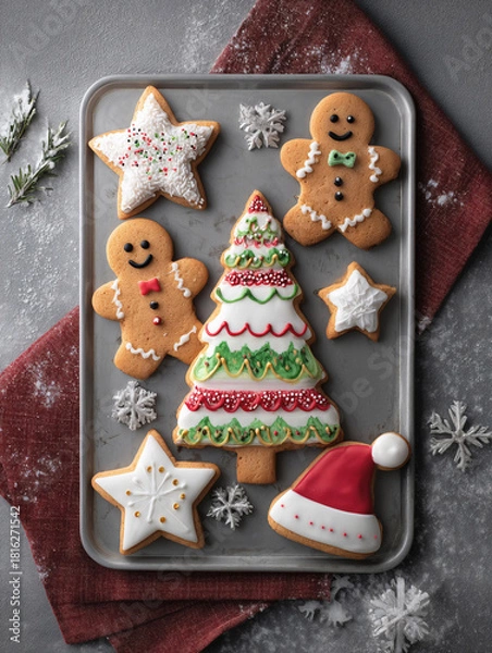 Fototapeta Festive holiday cookies arranged on a baking tray, featuring gingerbread men, star shapes, and a decorated Christmas tree, showcasing vibrant colors and intricate icing designs