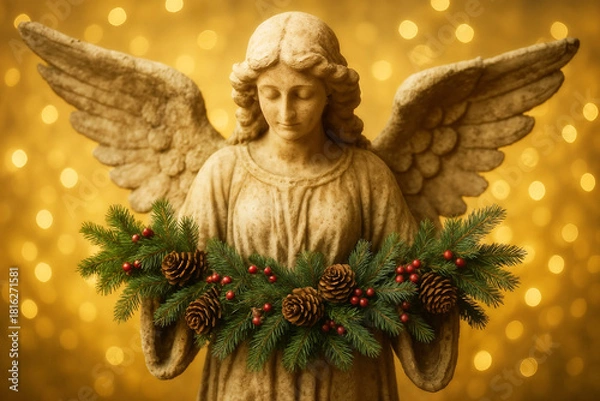 Fototapeta Stone angel statue adorned with festive greenery, pinecones, and red berries, set against a shimmering golden background, capturing the essence of holiday spirit and celebration