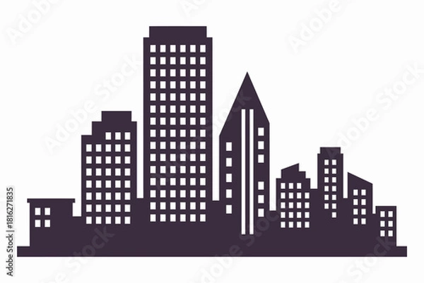 Obraz Modern city skyline silhouette vector illustration. Dark purplish-gray urban landscape on a white background with negative space window cutouts in a flat graphic style.