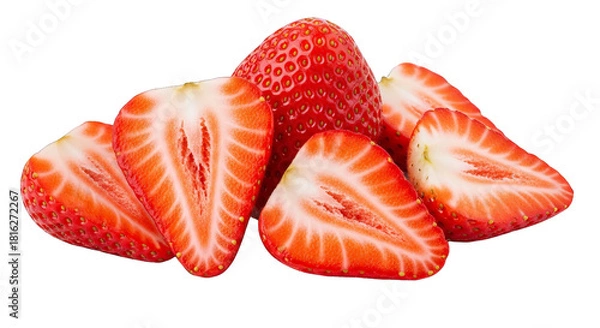 Fototapeta Vibrant studio shot presents a whole and halved strawberries against a stark black backdrop.