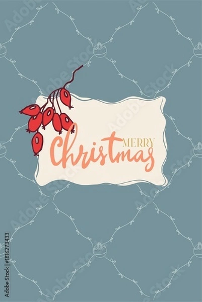 Obraz Happy New Year! Merry Christmas! A card made of isolated elements (illustrations) on the theme of the winter holidays in a vintage color scheme. With text. Digital illustration with outline.