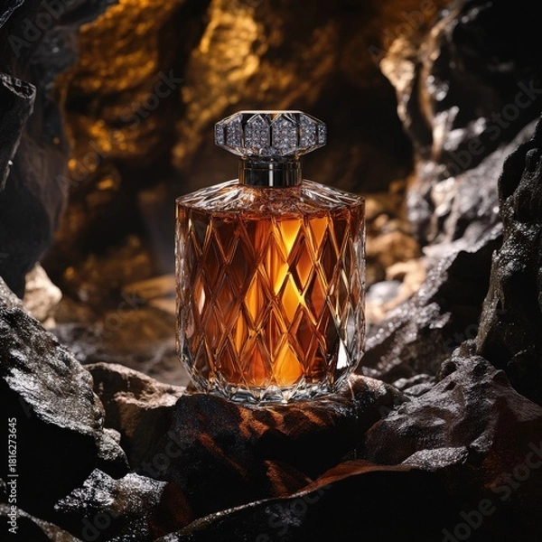 Fototapeta A majestic perfume bottle with carved lines and diamond details hovering above uneven mineral ground.