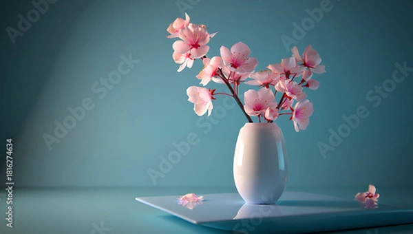 Obraz Pink cherry blossoms in a white vase against a serene blue background