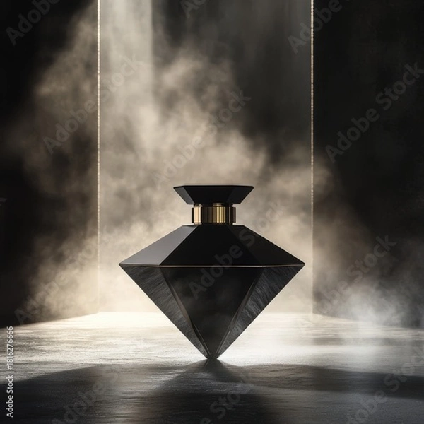 Fototapeta A transparent perfume bottle partially submerged in still dark water, illuminated by a single soft directional light. Reflections shimmer faintly on the surface, creating a refined noir mood.