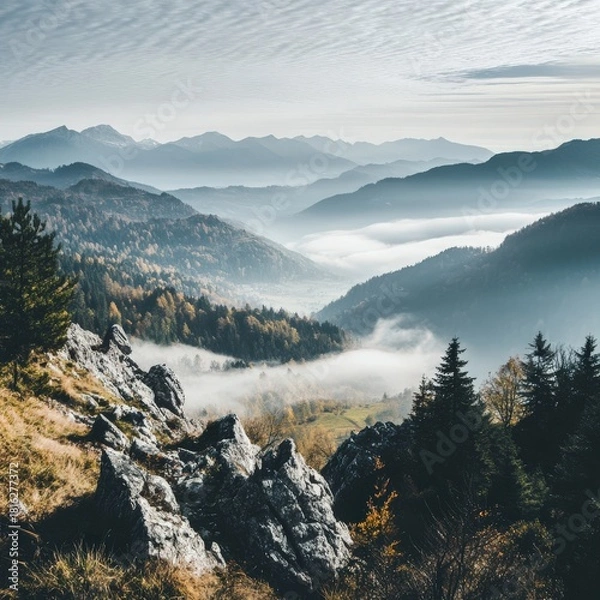 Fototapeta Captured from a wide perspective overlooking vast mountain scenery with drifting mist