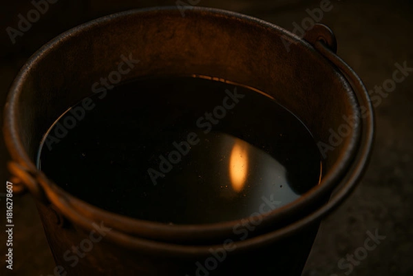 Obraz Candle Flame Reflected In Dark Liquid Inside Old Pot