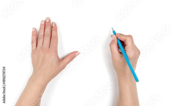 Obraz Female hands holding pencil, writing gesture on transparent background. Concept of drawing, education, creativity, and business planning. Isolated cutout for design use.
