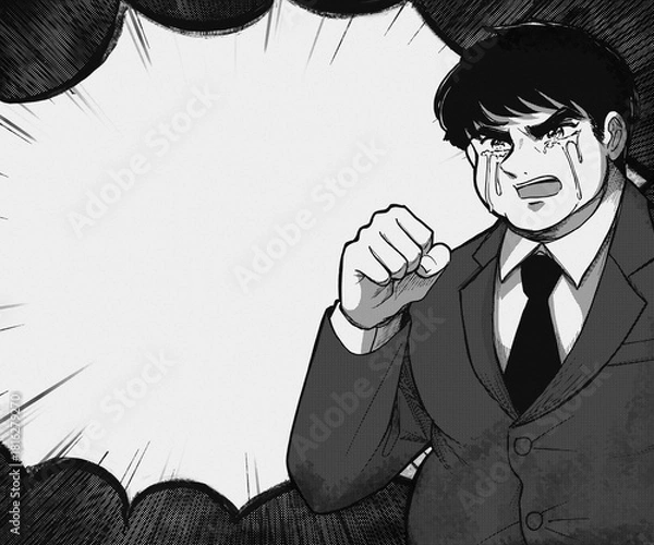 Obraz 怒鳴る太ったサラリーマン・大声吹き出しの劇画バナー