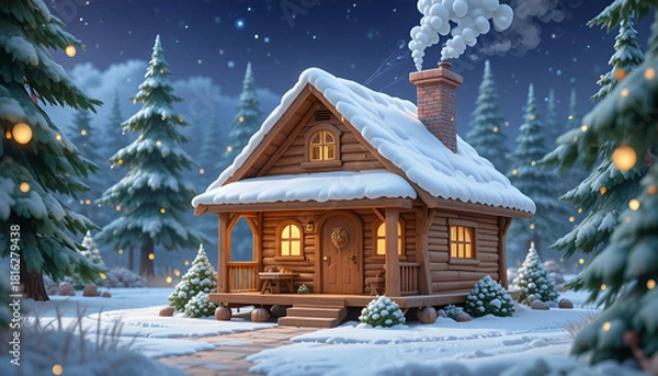 Fototapeta Cozy Wooden Cabin Surrounded by Pine Trees and Fairy Lights