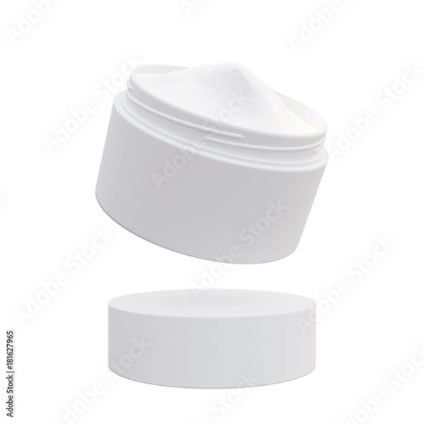 Obraz Plastic jar of cream with cap, isolated on white background, 3d rendering