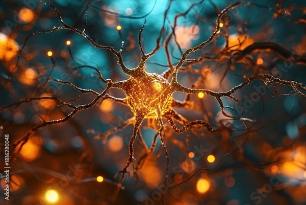Fototapeta macro brain nerve cells with many branches and glowing center. image is representation of brain and its complex network of neurons. glowing center of brain suggests that it is active