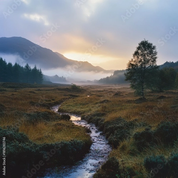 Fototapeta Morning dew sparkles across the landscape creating a tranquil highland mood