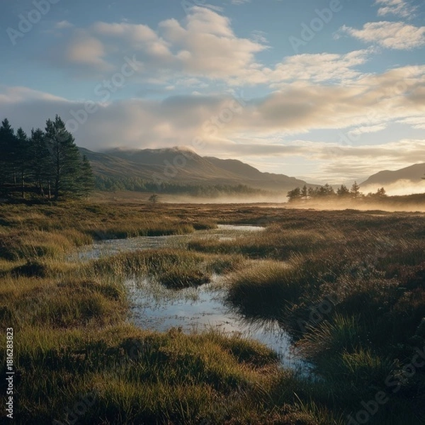 Fototapeta Morning dew sparkles across the landscape creating a tranquil highland mood