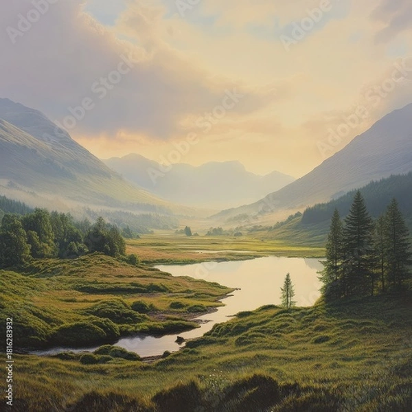 Fototapeta Morning dew sparkles across the landscape creating a tranquil highland mood
