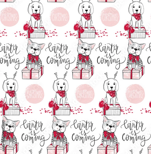 Fototapeta Holidays seamless pattern with funny dog. Happy new year pets. M