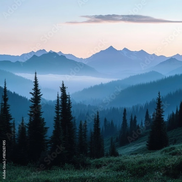 Fototapeta Soft dawn light enhances the cool dewy environment across the mountain slopes