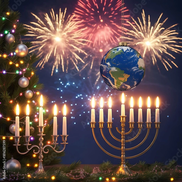 Fototapeta Diverse holiday celebration with menorah, globe,Festive holiday scene with menorah, christmas tree, globe, and fireworks and christmas decorations