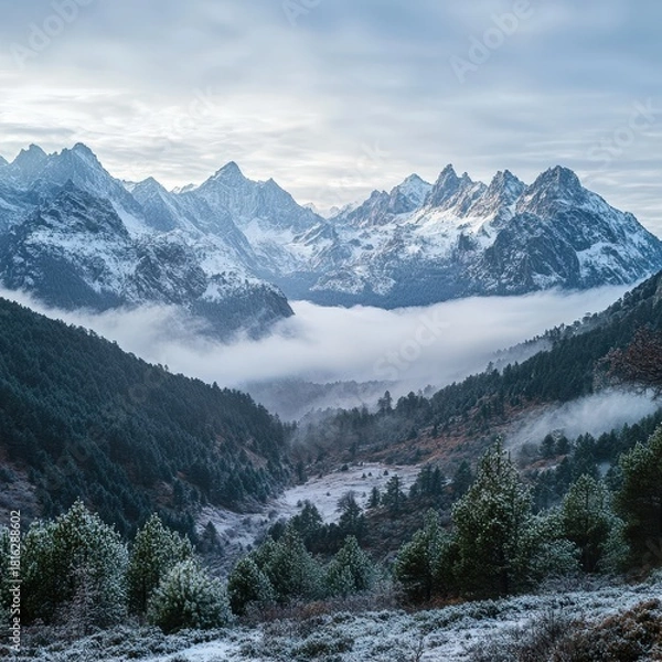 Fototapeta The wide-angle background reveals fog-covered peaks stretching into the distance