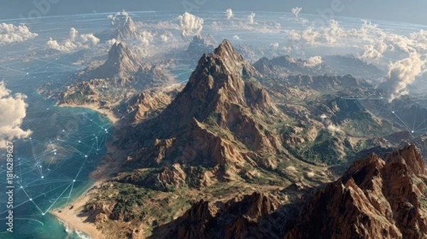 Fototapeta Vast simulated world generated by an advanced AI system with detailed landscapes and dynamic lighting Floating data grids and holographic overlays shape mountains, oceans